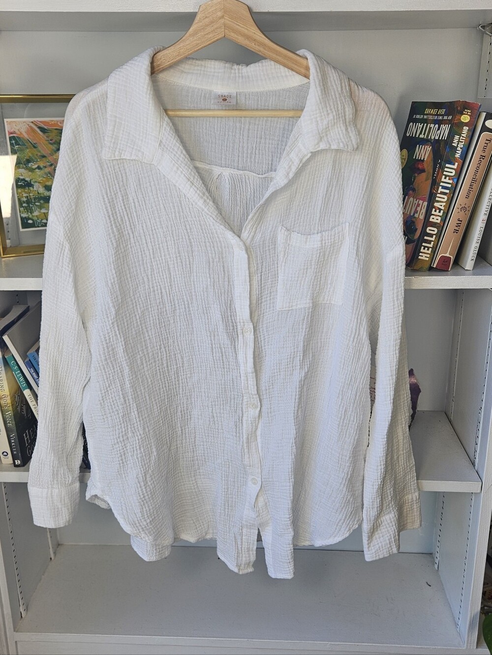 Shade & Shore White Seersucker Button-Up Shirt Cotton Size Large Beachy Summer